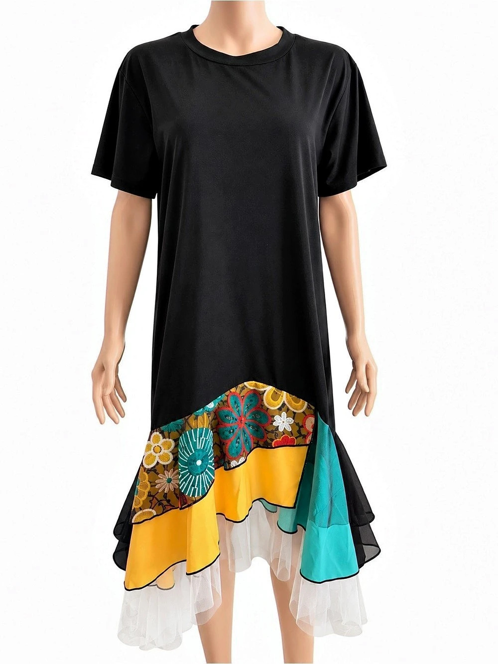STELLA MARINA - Short-Sleeve Floral Panel Asymmetrical Midi Dress